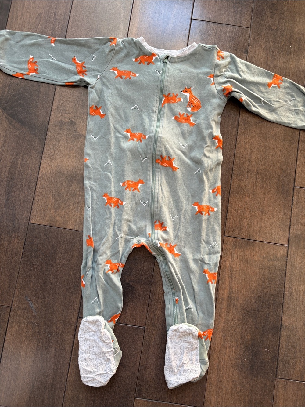 RARE Pekkle  One-Piece Footed Pajamas with Orange Fox Print - Sage Green